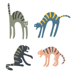 silhouettes of frightened cats, screaming & fighting, color vector illustration isolated on a white background in a doodle & flat style