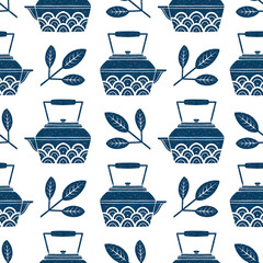 Simple seamless vector pattern with kettle teapot and tea leaves. Blue and white.