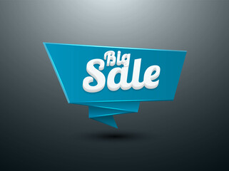 3d vector origami sale speech bubble, blue