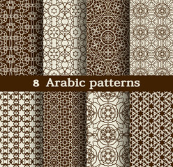 Set of seamless bicolor arabic patterns for wallpapers, print, textile. Ornamental oriental textures. Vector backgrounds with geometric ornament.