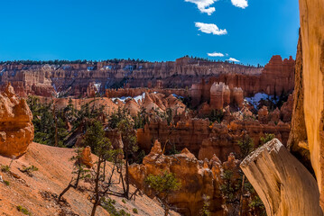 A panorama view showing snow in Springtime beneath the rim of Bryce Canyon, Utah