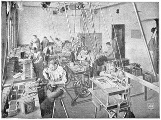 Mechanical workshop for making camera by C. P. Goerz. Illustration of the 19th century. White background.