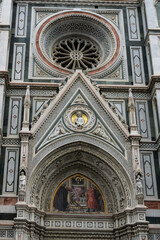 Details of Cathedral of Saint Mary of the Flower, called Cattedrale di Santa Maria del Fiore in Florence Tuscany from Uffizi Gallery. Also known Cathedral of Florence or Duomo Di Firenze.