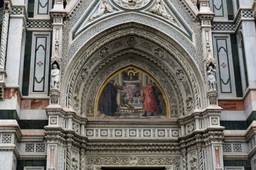 Details of Cathedral of Saint Mary of the Flower, called Cattedrale di Santa Maria del Fiore in Florence Tuscany from Uffizi Gallery. Also known Cathedral of Florence or Duomo Di Firenze.