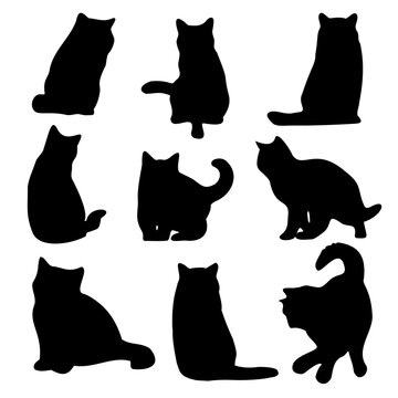 Cats in the set are black. Cats in different positions, sitting, jumping, playing. Vector image.