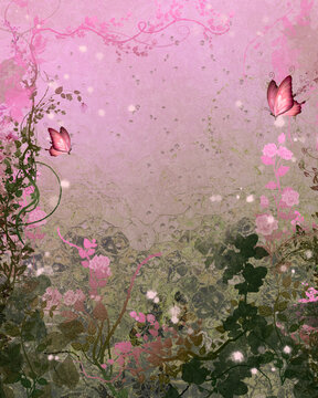 Abstract floral background with pink flowers and butterflies.