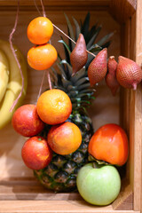 composition of exotic tropical fruit in a wooden box