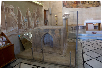 Betfage, Israel, January 30, 2020: Stone with frescoes in the temple at Betfage on the Mount of...