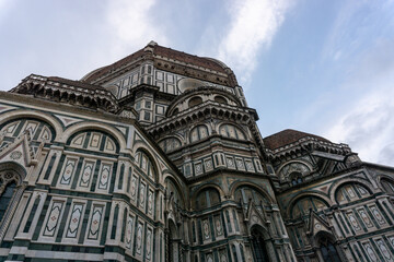 Details of Cathedral of Saint Mary of the Flower, called Cattedrale di Santa Maria del Fiore in Florence Tuscany from Uffizi Gallery. Also known Cathedral of Florence or Duomo Di Firenze.