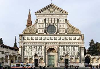 Florence, Italy - March 2, 2019: Italian monument Santa Maria Novella church. Renaissance and gothic architecture tourist attraction near train station.