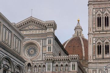 Details of Cathedral of Saint Mary of the Flower, called Cattedrale di Santa Maria del Fiore in Florence Tuscany. Also known Cathedral of Florence or Duomo Di Firenze.