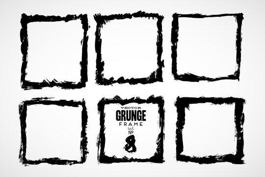 Set of vector square grunge black stickers isolated on white background. A group of labels with uneven rough edges drawn with an ink brush. Vector design elements, six square frames