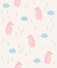 Cute Hand Drawn Bears Seamless Vector Pattern. Lovely Nursery Art with Pink Bears, Trees and Blue Fluffy Clouds. Funny Infantile Style Print ideal for Fabric, Textile, Kids Room Decoration.