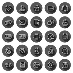 Contact icon set in flat style. Phone communication vector illustration on black round background with long shadow effect. Website equipment circle button business concept.