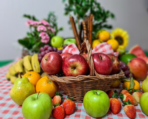 Apples, red and green, which, besides being beautiful and wonderful, are very delicious, juicy and healthy. All exposed in a beautiful basket for a pleasant picnic.