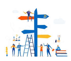 Business people working around direction post. Finding solution, working together, risk and support idea.