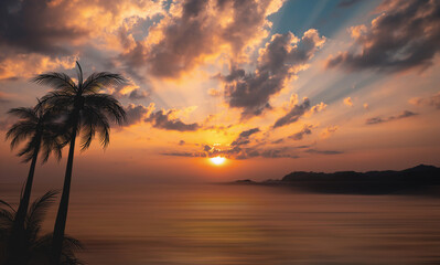 Fototapeta na wymiar palm trees at sunrise with orange sea and clouds 