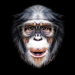 Colorful artistic monkey in eyeglasses with colorful paint splatters on black background