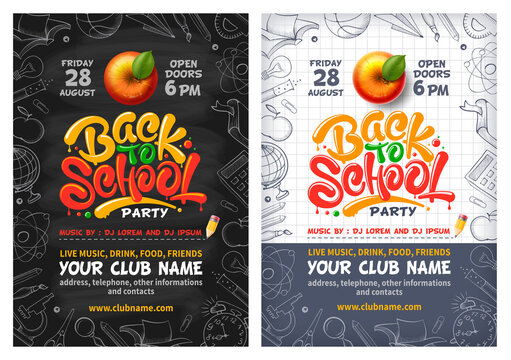 Back to School party posters with red apple and lettering Back to school. Handwritten school subjects in doodle style as frame around. Chalkboard and checkered paper on backdrop. Vector illustration.