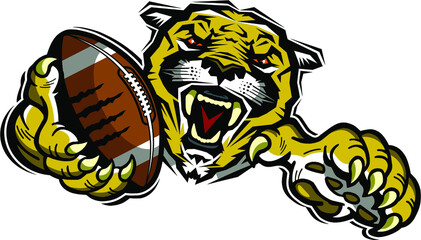 cougar football team mascot holding ball in claw for school, college or league