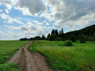 a winding country road between a green farm field and a forest against a blue cloudy sky