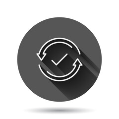 Check mark sign icon in flat style. Confirm button vector illustration on black round background with long shadow effect. Accepted circle button business concept.