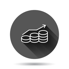 Income rate increase icon in flat style. Finance performance vector illustration on black round background with long shadow effect. Coin with growth arrow circle button business concept.