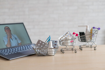 Online medicine and pharmacy concept. A female doctor conducts an online consultation and...
