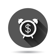 Time is money icon in flat style. Clock with dollar vector illustration on black round background with long shadow effect. Currency circle button business concept.