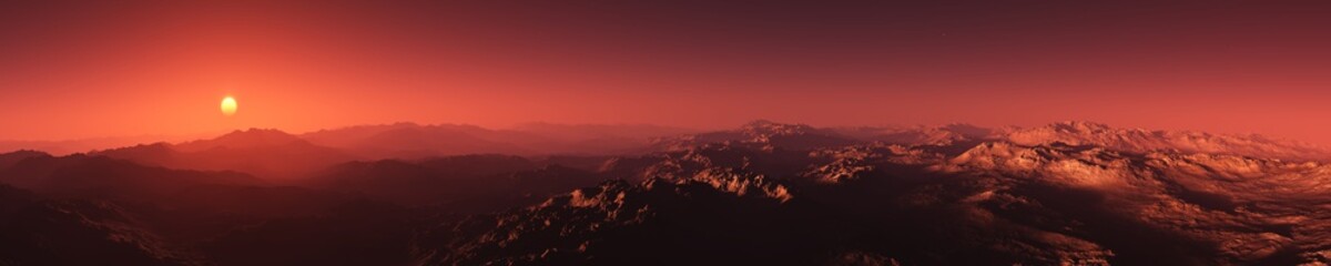 Beautiful panorama of an alien landscape, sunset on Mars, Martian panorama, 3D rendering © ustas