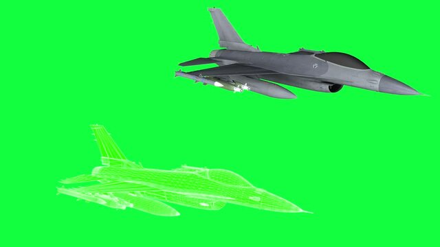 Military plane, rotate animation , wireframe render. green screen footage