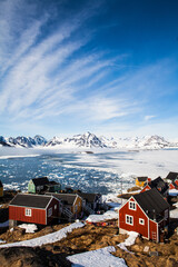 A beautiful lanscape view over Kulusuk and eastern Greenland.  - obrazy, fototapety, plakaty