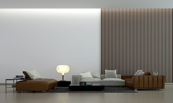 Elegant and comfortable minimal living room interior design and wood wall texture background