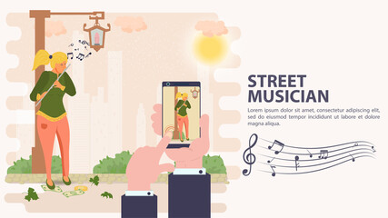 Banner street musician Filmed on a mobile phone a girl playing the flute flat vector illustration cartoon