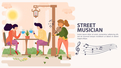 Fototapeta premium Banner street musician Girl playing the violin for a couple who are sitting at a table and drinking a drink tea flat vector illustration cartoon