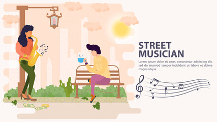 Banner street musician Girl playing saxophone for a guy sitting on a bench flat vector illustration cartoon