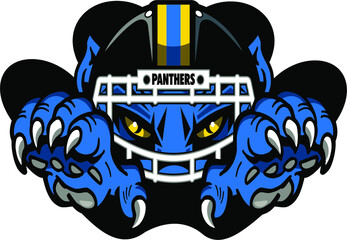 panthers football mascot wearing helmet inside paw print for school, college or league