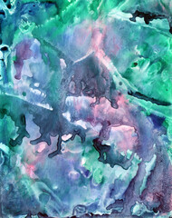 Abstract composition, picturesque background. Green, emerald streaks of watercolor paint on a purple and blue background, watercolor painting for your banner or design.