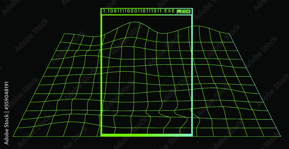 Poster Abstract technology background with warped and distorted grid. Vaporwave and synthwave style illustration like in old video arcade games.