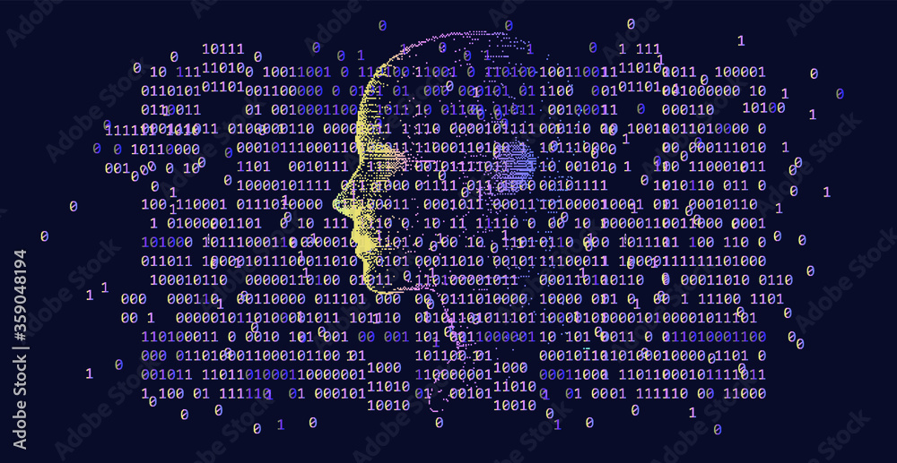 Poster Silhouette of a human made in pixel art style. Conceptual image of AI (artificial intelligence), VR (virtual reality), Deep Learning  and Face recognition systems.