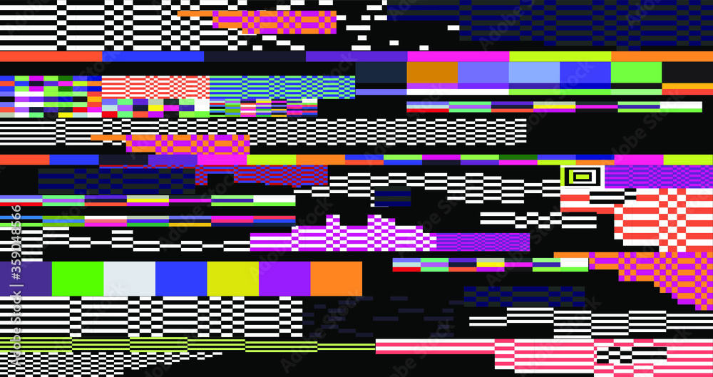 Fototapete Glitched screen with random colorful pixel noise pattern. Vaporwave and webpunk style background.