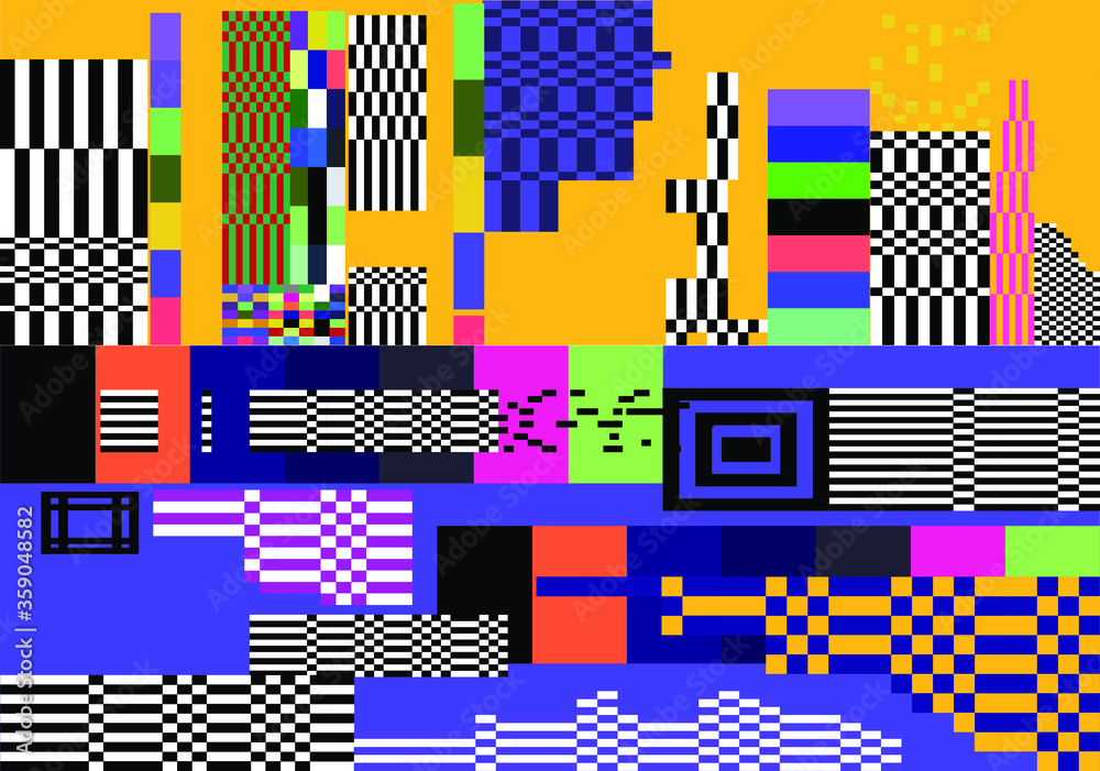 Poster Glitched screen with random colorful pixel noise pattern. Vaporwave and webpunk style background.