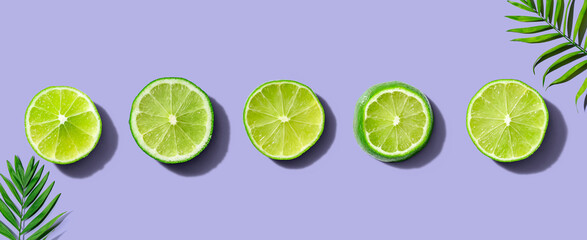 Fresh green limes overhead view - flat lay