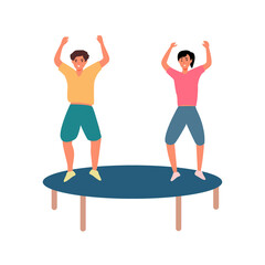 Cartoon children are jumping on a blue trampoline on a white background for game design. a guy and a girl are jumping in colorful clothes. Outdoor activities. Friends are having fun. Flat vector. 