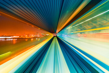 Fototapeta na wymiar Abstract high speed technology POV train motion blurred concept from the Yuikamome monorail in Tokyo, Japan