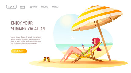 Website design with woman sitting in the sun lounger under a sunshade. Vector Illustration for Beach Holidays, Summer vacation, Leisure, Recreation.