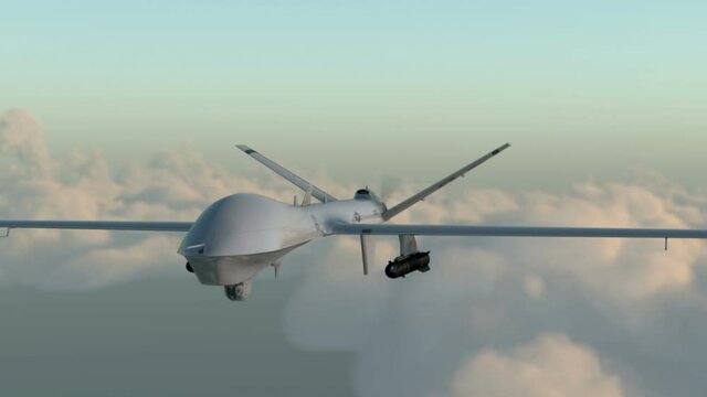 MQ1 Predator Type Drone. American military drone. Fly in clouds. Wonderfull sunset. Realistic CG 3d animation