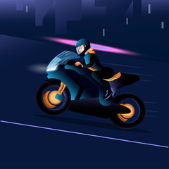 beautiful girl biker racing at speed in the night city