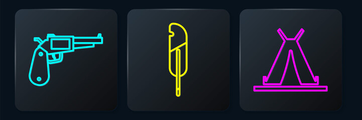 Set line Revolver gun, Indian teepee or wigwam and Feather pen. Black square button. Vector © Vadim