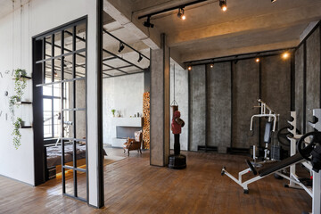 luxury studio apartment with a free layout in a loft style in dark colors. Stylish modern kitchen...